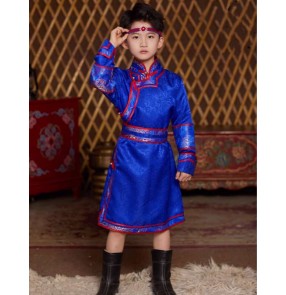 Boys turquoise royal blue mongolian Folk dance costumes stage performance photos shooting Mongolia ethnic party stage performance robe for kids